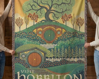 Hobbiton Woven Throw Blanket, Fantasy Landscape Wall Tapestry, Middle Earth Inspired Cotton Rug, Cozy Shire Home Decor, Nerd Gift