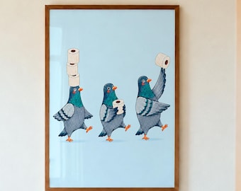 Pigeon Toilet Paper Funny Bathroom Wall Art, Whimsical Pigeon Illustration, Quirky Guest Bath Decor, Pigeon Lover Gift, Kids Bathroom Decor