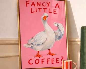 Espresso Coffee Lover Wall Art, Funny Goose Poster, Fancy A Little Coffee Print, Pink Coffee Corner Decor, Trendy Caffeine Print