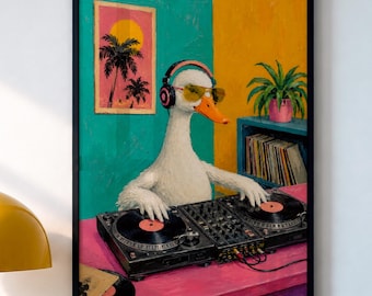 Duck DJ Wall Art Print, Retro Synthwave Art, DJ Booth Wall Decor, Colorful Turntable Poster, Teal Yellow Pop Art, Vinyl Lover Gift
