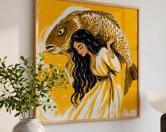 Folk Art Fish Print, Contemporary Artwork, Gold Koi Fish Wall Art, Modern Folk Decor, Rebirth Wall Art