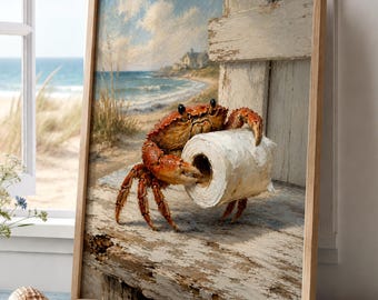 Crab Toilet Paper Coastal Wall Art, Funny Oil Painting Beach Illustration, Coastal Bathroom Decor, Beach Lover Gift, Housewarming Gift