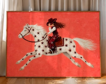 Cowgirl White Star Horse Wall Art, Pink Western Illustration, Whimsical Folk Art Print, Rustic Bedroom Decor, Horse Lover Gift
