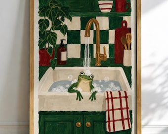 Frog Bubble Bath Spa Day Wall Art Print, Funny Animal Illustration, Checkered Cottagecore Kitchen, Quirky Home Decor, Housewarming Gift
