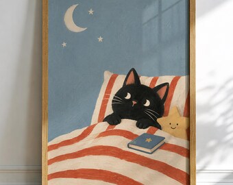 Black Cat Wall Art Print, Vintage Storybook Illustration, Nursery Bedtime Wall Decor, Moon And Stars Cat Poster, Cat Lover Gift