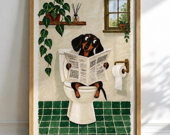 Dachshund On Toilet Wall Art Print, Funny Newspaper Bathroom Illustration, Whimsical Dog Decor, Quirky Dog Bathroom Decor, Housewarming Gift