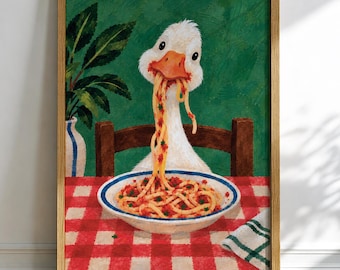 Hungry Duck Spaghetti Wall Art Print, Humorous Pasta Poster, Funny Kitchen Illustration, Checkered Italian Kitchen Decor, Pasta Lover Gift