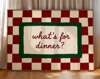 What's For Dinner Wall Art Print, Retro Checkered Kitchen Wall Art, Vintage Italian Poster, Red Green Kitchen Sign, Trendy Dining Room Decor