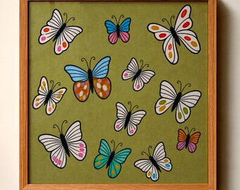 Butterfly Folk Wall Art Print, Naive Painting Style Butterflies Poster, Boho Minimalist Decor, Modern Scandinavian Style, Square Artwork