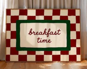 Breakfast Time Wall Art Print, Checkered Kitchen Poster, Vintage Diner Sign, Red Green Breakfast Nook Decor, Coffee Lover Gift