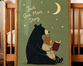 Just One More Story Wall Art Print, Bear and Cub Nursery Art, Celestial Starry Night Illustration, Sleepy Time Nursery Art, Baby Shower Gift