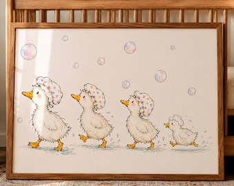 Baby Ducks Nursery Wall Art Print, Ducklings With Shower Cap Print, Whimsical Farm Animal Print, Vintage Storybook Kids Bathroom Decor