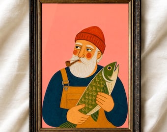 Fisherman Folk Art Print, Vintage Nautical Poster, Old Man with Fish Illustration, Coastal Cabin Wall Decor, Grandfather Gifts