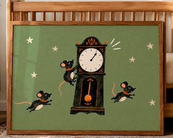 Hickory Dickory Dock Wall Art, Cottagecore Boho Nursery Print, Charming Animal Illustration, Sage Green Nursery Decor, Cozy Bedtime Print