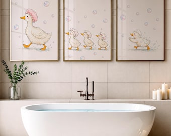 Goose Bathroom Wall Art Set of 3, Whimsical Goose Family Bath Cap Print, Colorful Kids Bath Decor, Shared Bathroom Wall Art, New Baby Gift