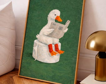 Funny Duck Bathroom Poster - Duck Reading Newspaper on Toilet Paper Roll - Quirky Animal Wall Art - Bathroom Decor - Housewarming Gift