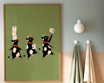 Cow Toilet Paper Wall Art, Funny Hand Painted Animal Illustration, Quirky Bathroom Decor, Kids Bathroom Print, Housewarming Gift