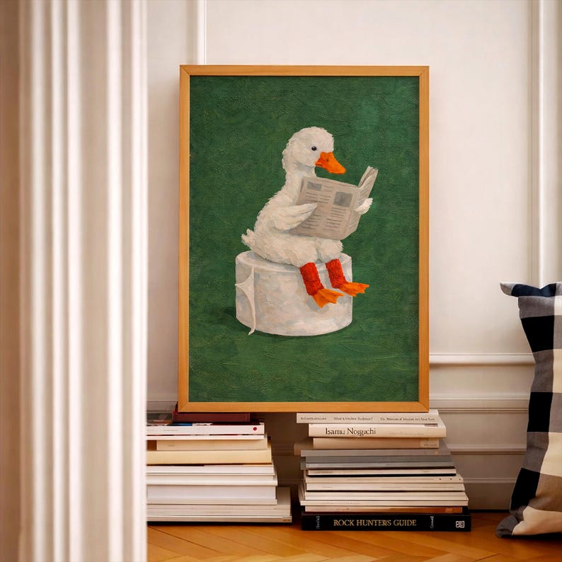Funny Duck Bathroom Poster - Duck Reading Newspaper on Toilet Paper ...