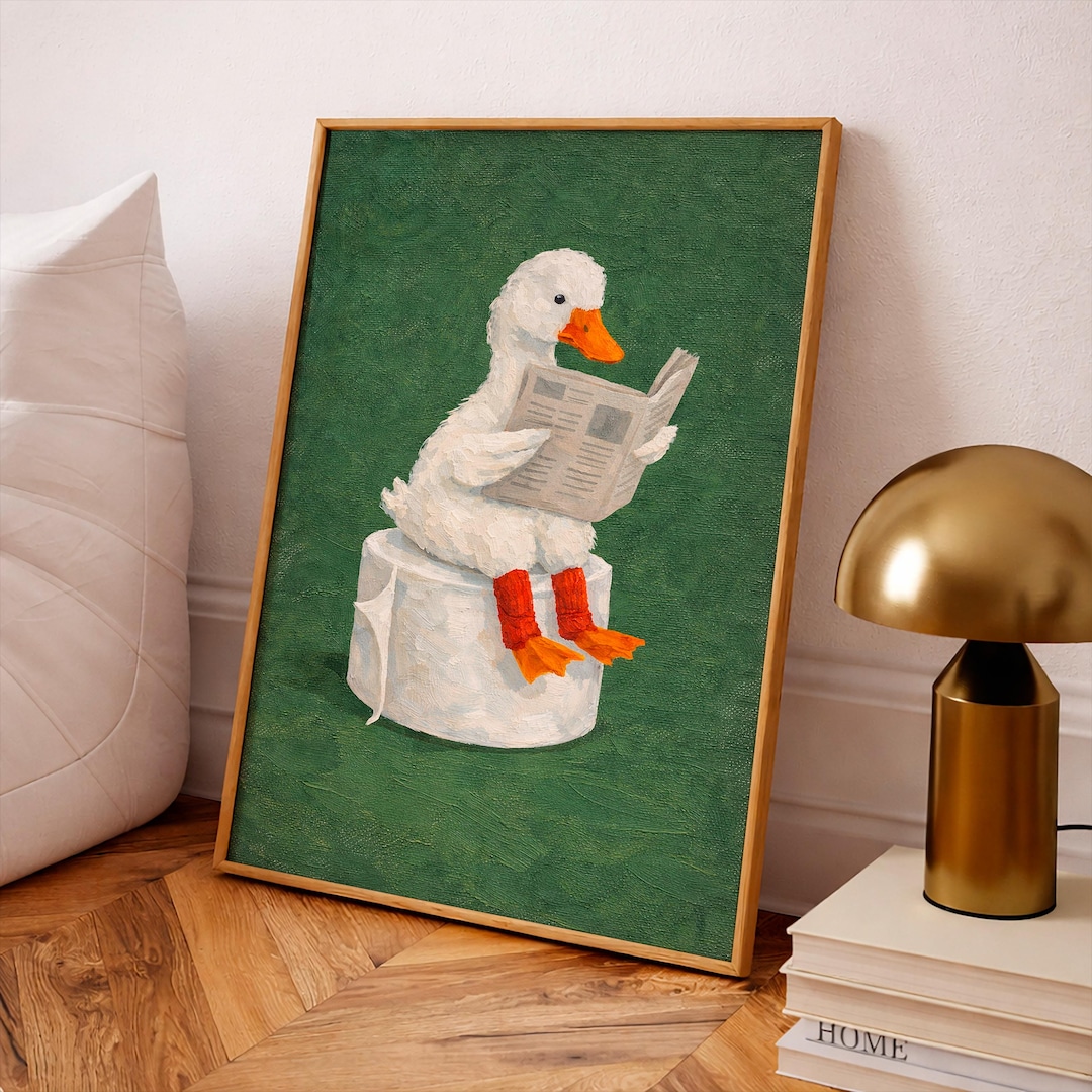 Funny Duck Bathroom Poster - Duck Reading Newspaper on Toilet Paper ...