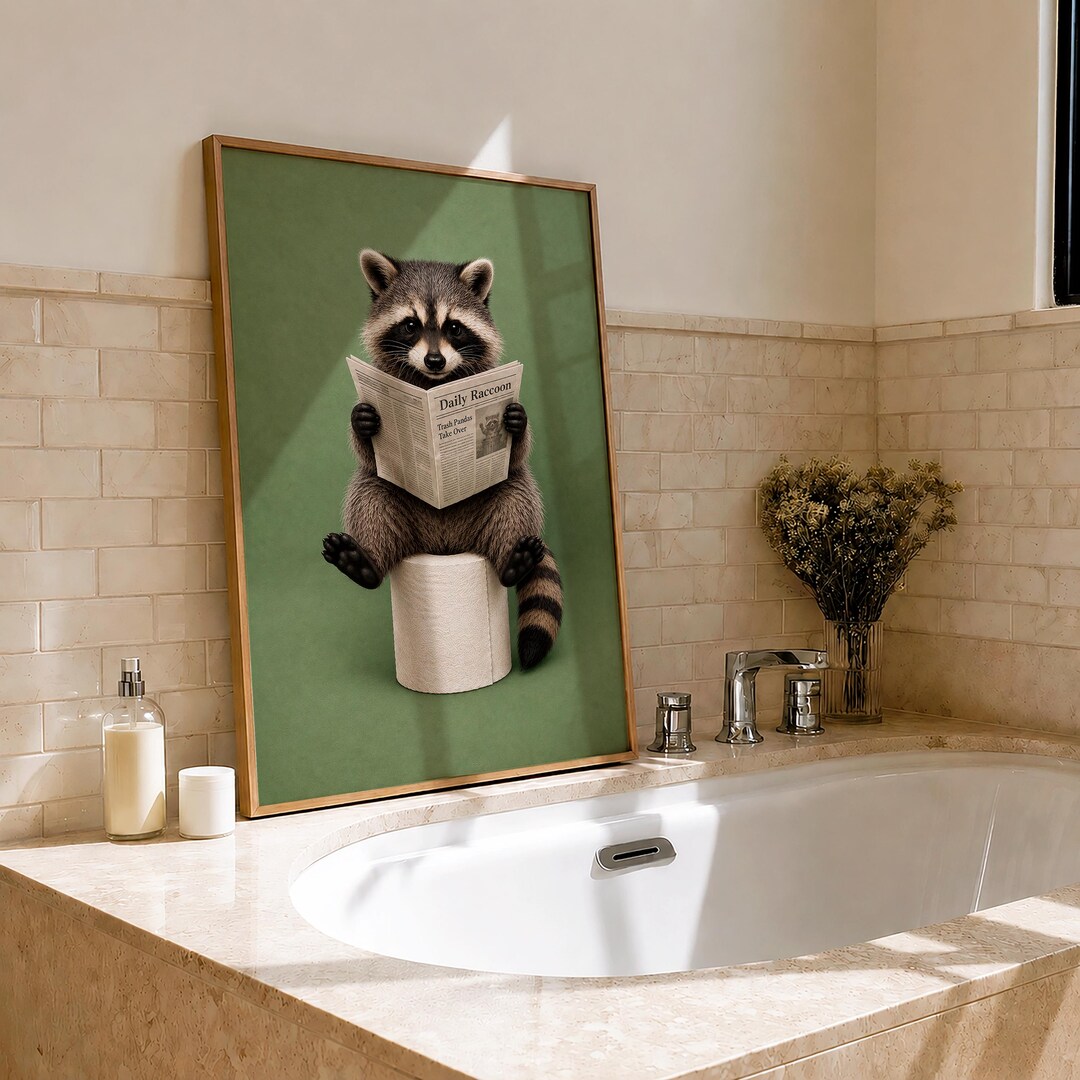 Funny Raccoon Bathroom Poster, Raccoon Reading Newspaper on Toilet ...
