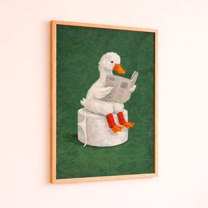 Funny Duck Bathroom Poster - Duck Reading Newspaper on Toilet Paper ...