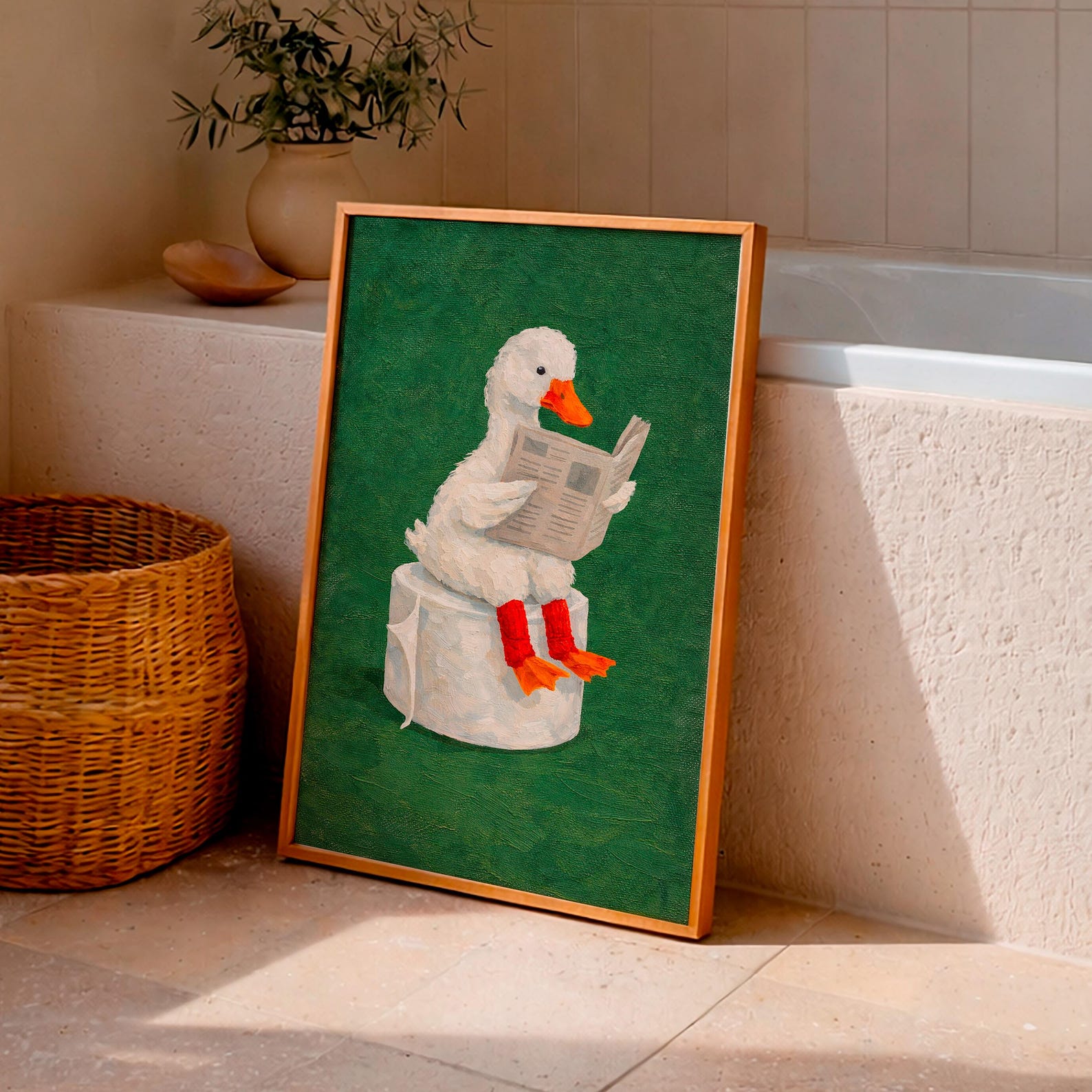 Funny Duck Bathroom Poster - Duck Reading Newspaper on Toilet Paper ...