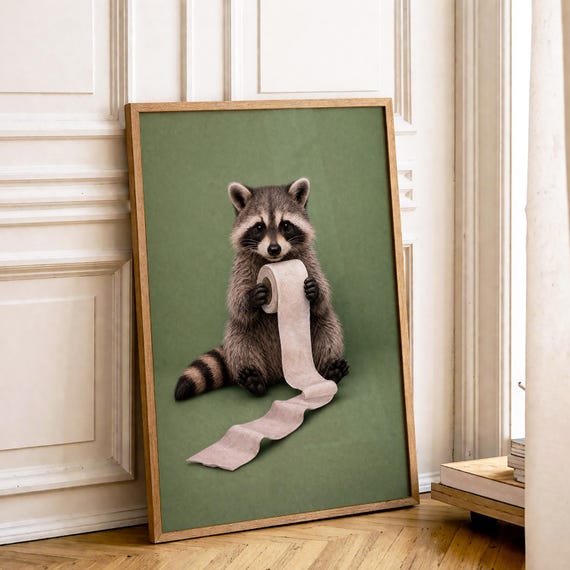 Funny Raccoon Bathroom Wall Art, Toilet Paper Animal Print, Cute Raccoon Poster, Whimsical Guest Bath Decor, Housewarming Gift