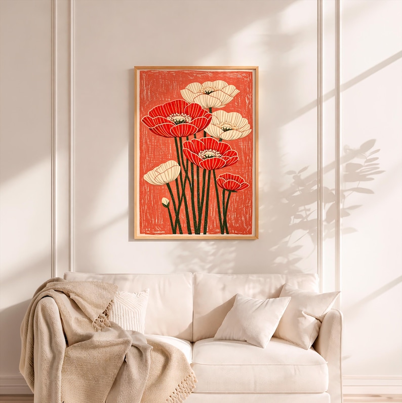 Red Poppy Wall Art Print, Vintage Botanical Flower Poster, Red and ...