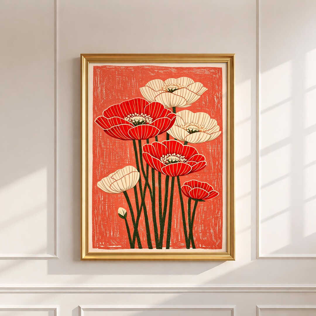 Red Poppy Wall Art Print, Vintage Botanical Flower Poster, Red and ...