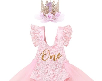 Baby Girl 1st Birthday Outfit Lace Tulle Princess Crown Headband Smash Cake Photo Shoot Pretty Baby's First Bday Clothes Dress Outfit