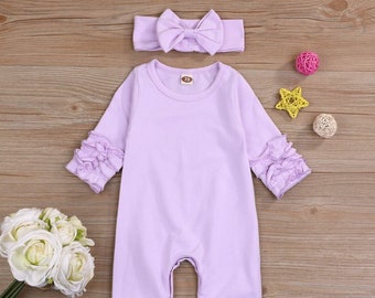 Newborn Baby Girl's Ruffle Romper Solid Long Sleeve Jumpsuit One- Piece Coming Home Clothes With Matching Headband Ruffled Bows For Infants