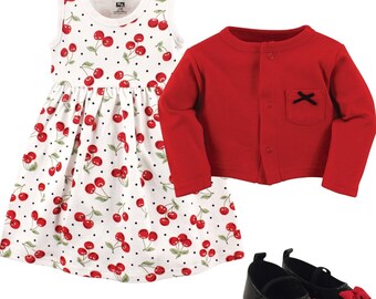 Ensemble Hudson robe bébé fille cerises AVEC chaussures et gilet inclus !!! Ensemble de chaussures pour bébé fille, tenue cardigan, barboteuse