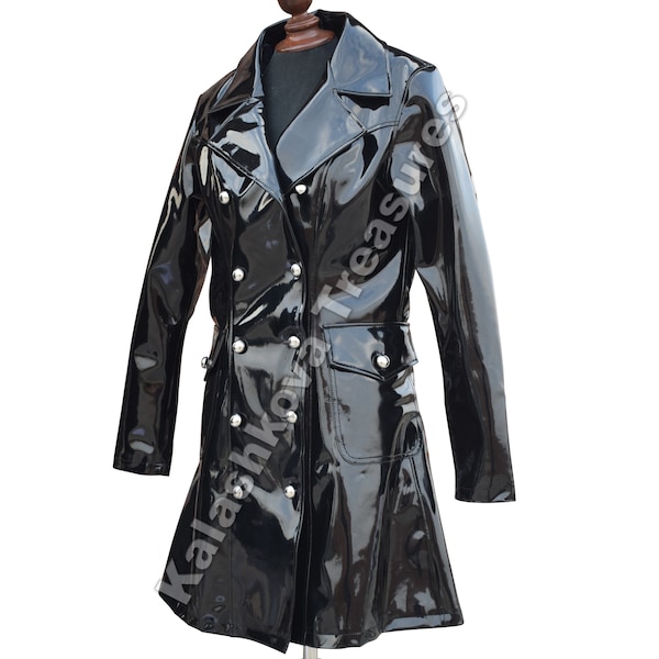 Women WET Look Double Breasted Black Coat Glossy Dark Night Club Party Coat Shine Vinyl PVC Ladies Officers Plus Size Double Breasted Coat