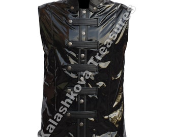 Goth Military Style Vest WET Look Men EMO Vinyl Shine PVC Motorcycle Straps Vest