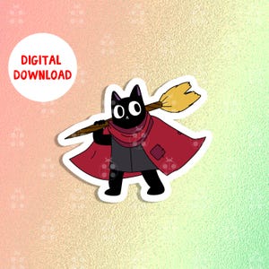 Könnte beinhalten: Ein Aufkleber mit einer schwarzen Katzenfigur mit großen weißen Augen, die einen roten Umhang trägt und einen Besen über der Schulter hält. Der Aufkleber hat einen weißen Rand und die Worte "DIGITALER DOWNLOAD" in einem roten Kreis.