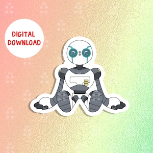 Puede incluir: Un robot blanco con detalles grises y ojos azules se sienta con las piernas cruzadas. El robot tiene un panel rectangular en el pecho con tres barras doradas. El robot está sentado sobre un fondo blanco.