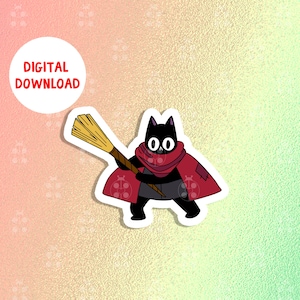 Könnte beinhalten: Eine schwarze Katze mit einem roten Umhang, die einen braunen Besen hält. Die Katze hat große, runde Augen und eine kleine, spitze Nase. Der Besen ist aus Stroh und hat einen langen, hölzernen Stiel.