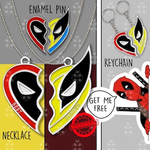 Deadpool Wolverine Lovers Keychain Set Deadpool 3 Best Friend Necklace Heart Pendant Gift Wolverine Best Friend Keychain Custom Name Sticker