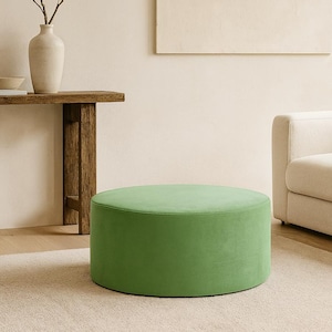 Large green pouf, round velvet ottoman, pouf table, handmade premium furniture, luxurious footstool, extra stool, scandinavian style.
