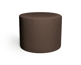 Poufs ottomans en tissu bouclé de différentes couleurs, siège marron moderne, table basse minimaliste.