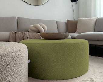 Green Boucle Pouf, Designer Round Ottoman.