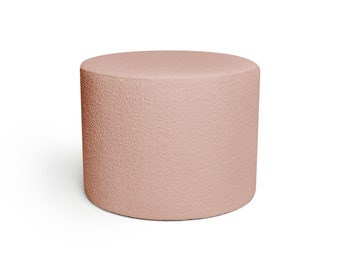 Poufs ottomans en tissu bouclé de différentes couleurs, siège rose poudré moderne, table basse minimaliste.