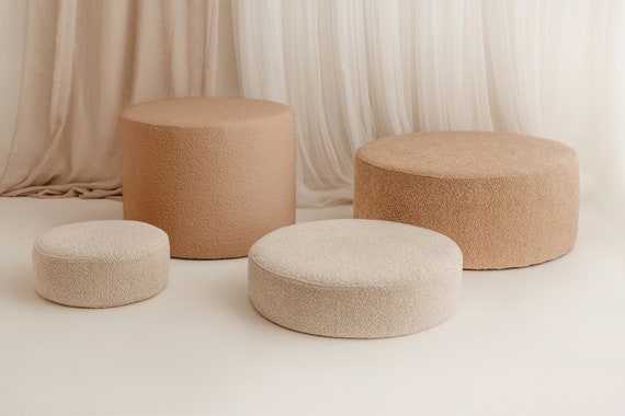 Round Boucle Pouf –  Teddy Ottoman, Handmade Round Floor Cushion, Soft Footstool, Modern Minimalist Seat