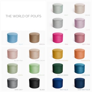Puf de varios colores, otomana redonda minimalista hecha a mano.