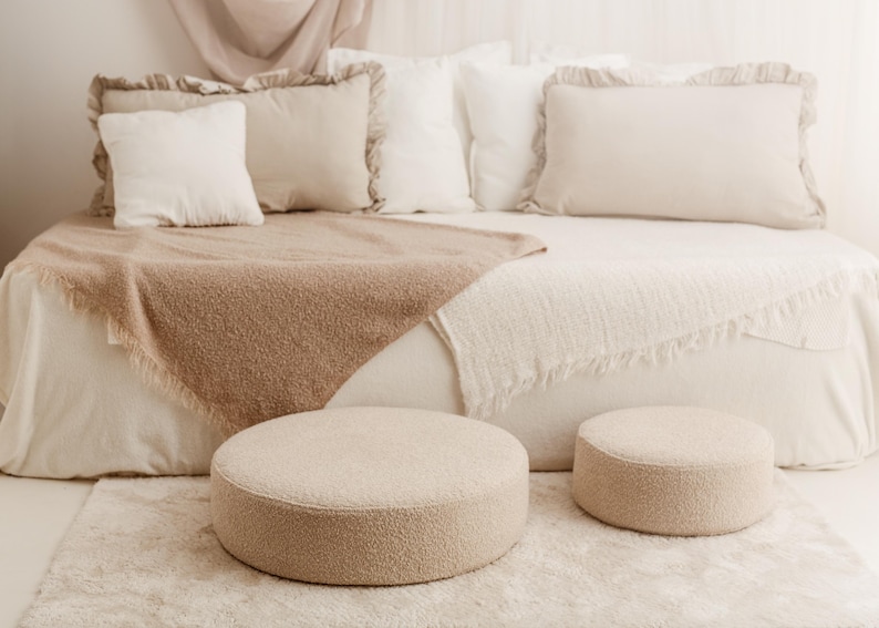 Round Boucle Pouf – Teddy Ottoman, Handmade Round Floor Cushion, Soft Footstool, Modern Minimalist Seat image 7