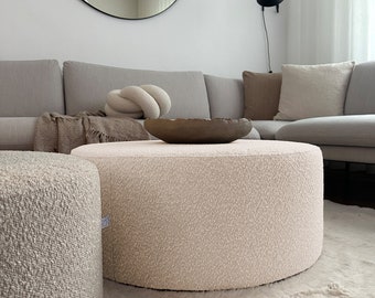 Light Cream Boucle Pouf, Minimalist Round Ottoman.