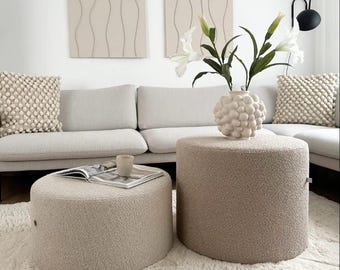 Boucle Ottoman Poufs in Various Colors, Modern Light Cream Seat, Minimalist Coffee Table.
