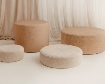 Boucle Pouf – Dark Cream Teddy Ottoman, Handmade Round Floor Cushion, Soft Velvet Footstool, Modern Minimalist Seat or Coffee Table