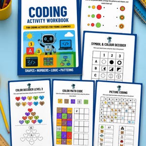 Puede incluir: Un libro de ejercicios de programación para jóvenes estudiantes con una portada azul, una ilustración de un robot y el texto Coding Activity Workbook. Se muestran cinco hojas de actividades adicionales, incluyendo Color & Shape Code y Picture Coding.