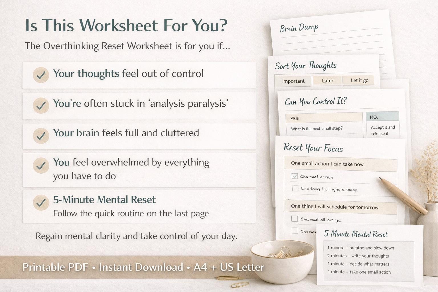 Overthinking Reset Worksheet, Printable Brain Dump PDF, Mental Clarity ...